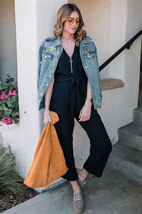 what jacket to wear with a jumpsuit|black jumpsuit with denim jacket.